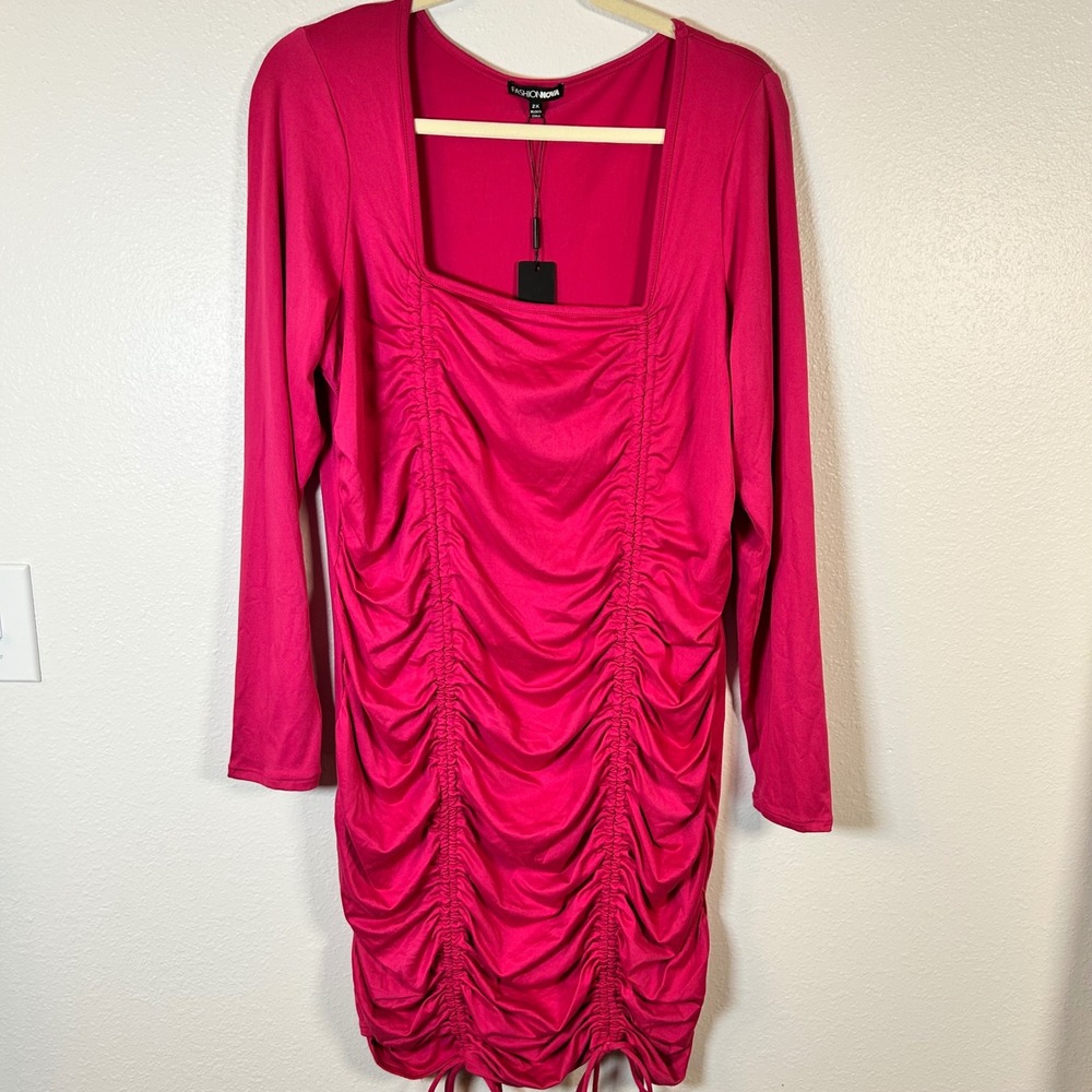 Fashion Nova Hot Pink Date Night Fit Mini Dress Long Sleeve Size 2X